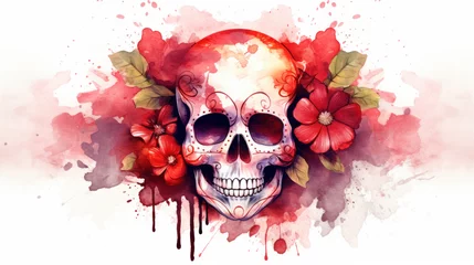 Photo sur Plexiglas Crâne aquarelle Watercolor painting in shades of scarlet of a sugar skull or Mexican catrina. Day of the Dead