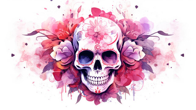 Watercolor painting in shades of pink of a sugar skull or Mexican catrina. Day of the Dead