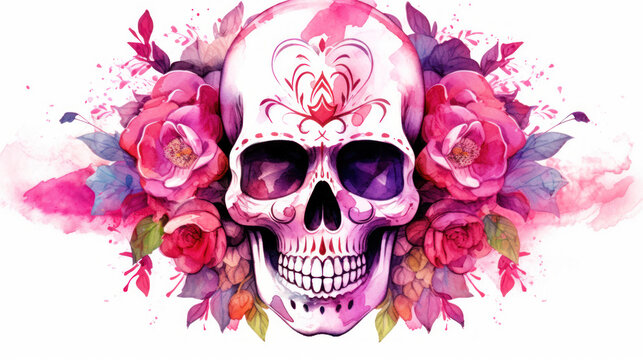 Watercolor painting in shades of pink of a sugar skull or Mexican catrina. Day of the Dead