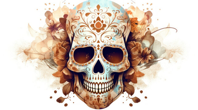 Watercolor painting in shades of tan of a sugar skull or Mexican catrina. Day of the Dead