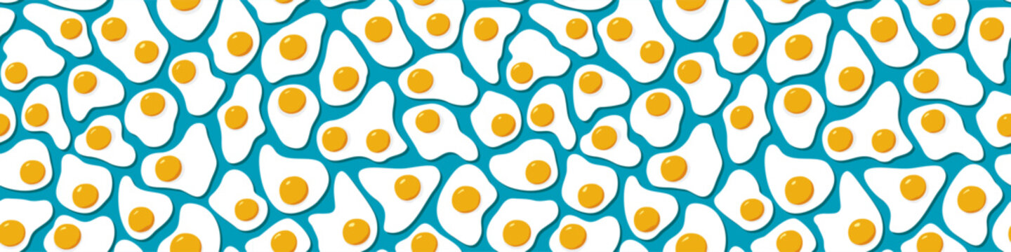 Many fried eggs on blue background, food in the flat style, abstract vector design seamless pattern