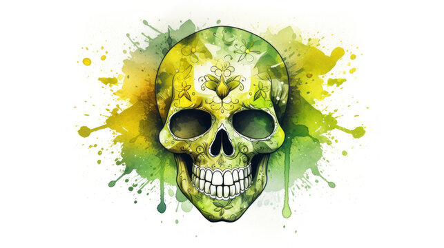 Watercolor painting in shades of chartreuse of a sugar skull or Mexican catrina. Day of the Dead
