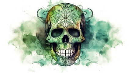 Watercolor painting in shades of dark green of a sugar skull or Mexican catrina. Day of the Dead