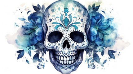 Watercolor painting in shades of dark blue of a sugar skull or Mexican catrina. Day of the Dead