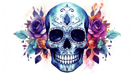 Watercolor painting in shades of dark blue of a sugar skull or Mexican catrina. Day of the Dead