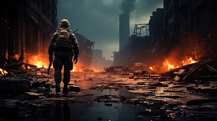 Lone soldier walking in destroyed city