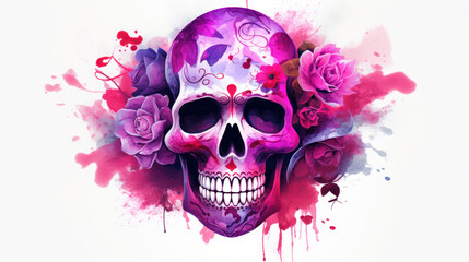 Watercolor painting in shades of dark magenta of a sugar skull or Mexican catrina. Day of the Dead