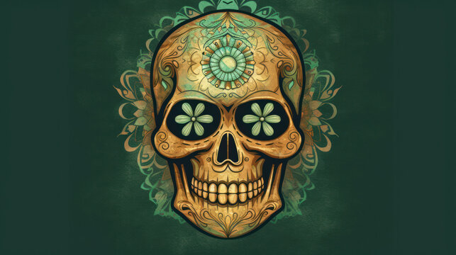 Watercolor painting in shades of dark green of a sugar skull or Mexican catrina. Day of the Dead