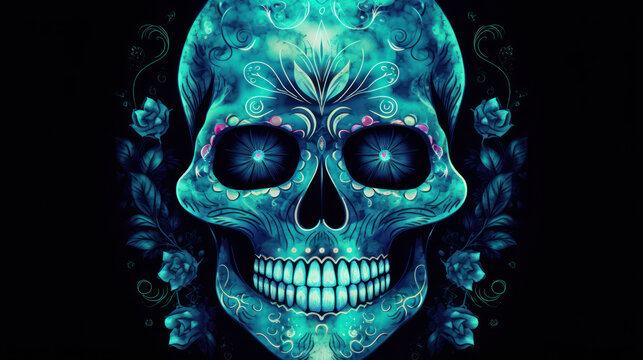 Watercolor painting in shades of dark cyan of a sugar skull or Mexican catrina. Day of the Dead