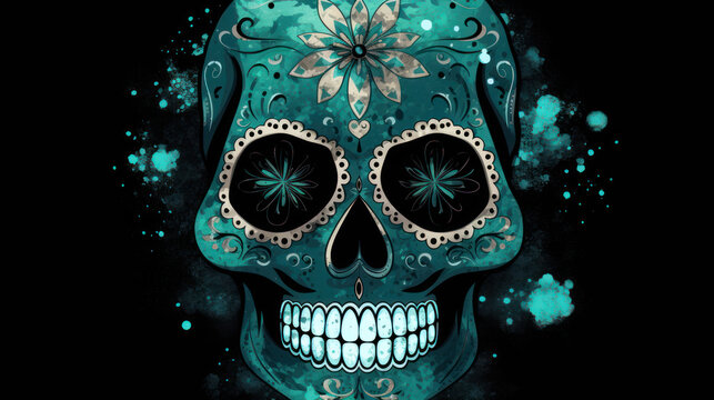 Watercolor painting in shades of dark cyan of a sugar skull or Mexican catrina. Day of the Dead