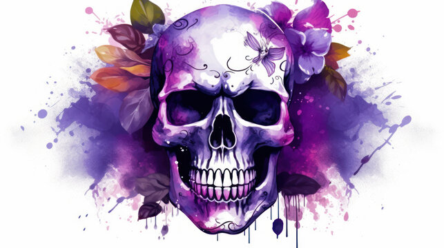 Watercolor painting in shades of dark purple of a sugar skull or Mexican catrina. Day of the Dead