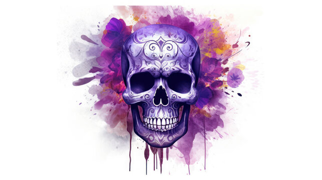 Watercolor painting in shades of dark purple of a sugar skull or Mexican catrina. Day of the Dead