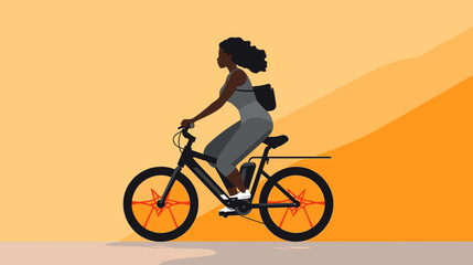 copy space, flat 2D vector illustration, a black woman riding on an e-bike. Alternative eco friendly transportation. Zero emission. Clean and sustainable transportation.