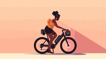 Fototapeta na wymiar copy space, flat 2D vector illustration, a black woman riding on an e-bike. Alternative eco friendly transportation. Zero emission. Clean and sustainable transportation.