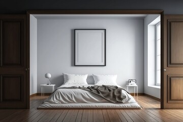 Fototapeta na wymiar Minimalist Bedroom with White Walls and Wooden Floor - Clean and Serene Design