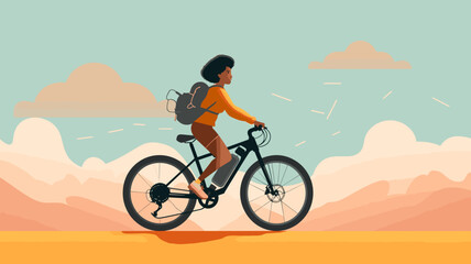 Obraz premium copy space, flat 2D vector illustration, a black woman riding on an e-bike. Alternative eco friendly transportation. Zero emission. Clean and sustainable transportation.