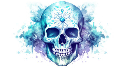Watercolor painting in shades of light cyan of a sugar skull or Mexican catrina. Day of the Dead