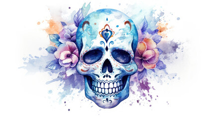 Watercolor painting in shades of light blue of a sugar skull or Mexican catrina. Day of the Dead