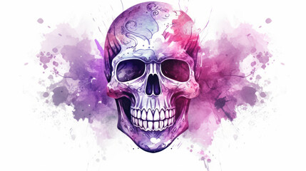 Watercolor painting in shades of light purple of a sugar skull or Mexican catrina. Day of the Dead