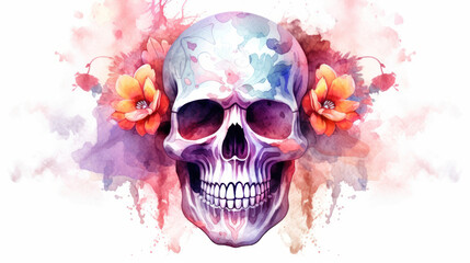 Watercolor painting in shades of light pink of a sugar skull or Mexican catrina. Day of the Dead