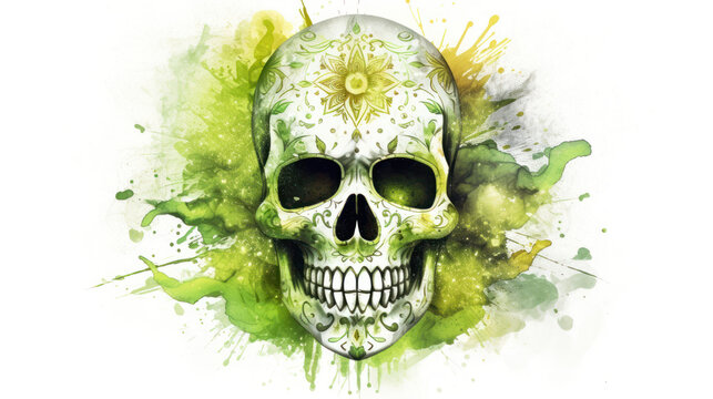 Watercolor painting in shades of light lime of a sugar skull or Mexican catrina. Day of the Dead