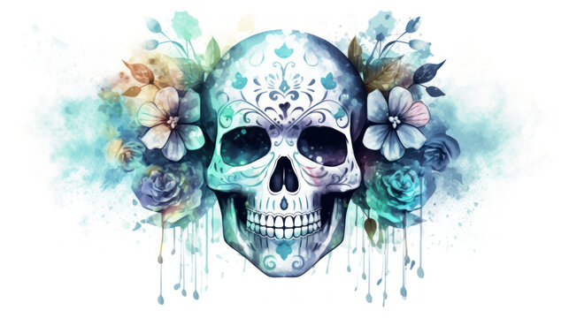 Watercolor painting in shades of light cyan of a sugar skull or Mexican catrina. Day of the Dead