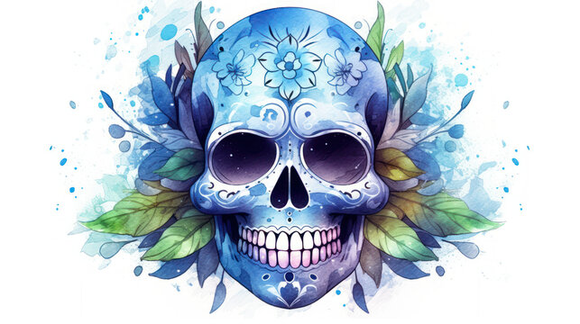 Watercolor painting in shades of light blue of a sugar skull or Mexican catrina. Day of the Dead
