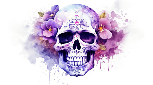 Watercolor painting in shades of light purple of a sugar skull or Mexican catrina. Day of the Dead