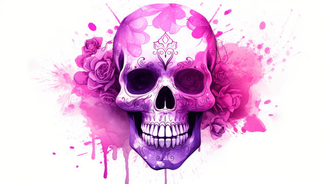Watercolor painting in shades of light magenta of a sugar skull or Mexican catrina. Day of the Dead