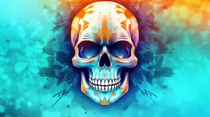 Photo sur Plexiglas Crâne aquarelle Watercolor painting in shades of vivid cyan of a sugar skull or Mexican catrina. Day of the Dead