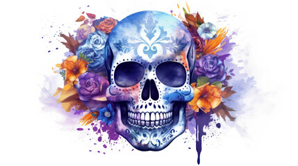 Watercolor painting in shades of vivid blue of a sugar skull or Mexican catrina. Day of the Dead