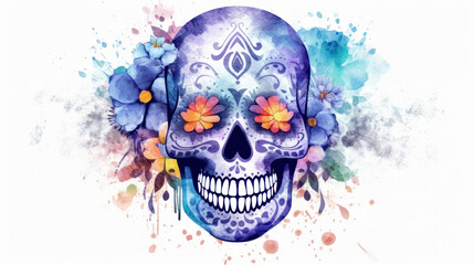Watercolor painting in shades of vivid blue of a sugar skull or Mexican catrina. Day of the Dead