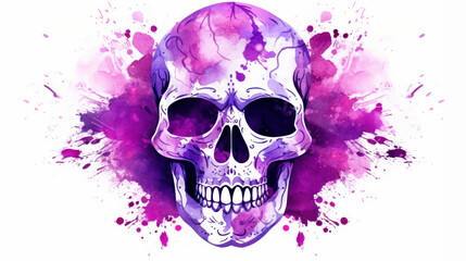 Watercolor painting in shades of vivid purple of a sugar skull or Mexican catrina. Day of the Dead