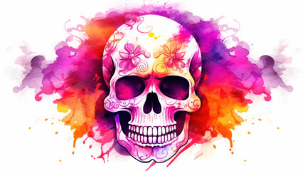 Watercolor painting in shades of vivid magenta of a sugar skull or Mexican catrina. Day of the Dead