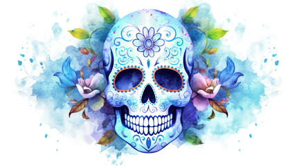 Watercolor painting in shades of vivid blue of a sugar skull or Mexican catrina. Day of the Dead
