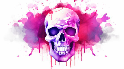 Watercolor painting in shades of vivid magenta of a sugar skull or Mexican catrina. Day of the Dead