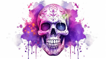 Watercolor painting in shades of vivid purple of a sugar skull or Mexican catrina. Day of the Dead