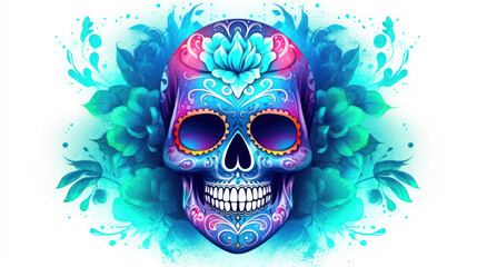 Watercolor painting in shades of vivid cyan of a sugar skull or Mexican catrina. Day of the Dead