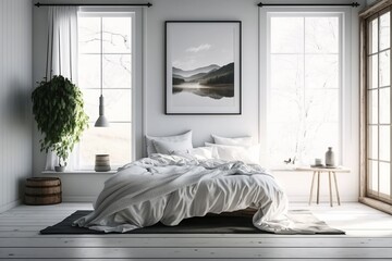 Serene Bedroom with White Bedspread and Wooden Floor - Peaceful Retreat