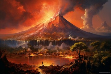 Volcano overlooking enchanted fictional realm. Generative AI