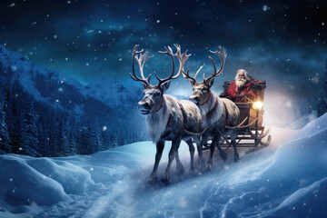 Group of reindeers pulling Santa sleigh - obrazy, fototapety, plakaty