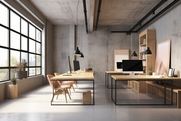 Contemporary coworking space with concrete and wooden interior, showcasing an empty wall mockup, furnished with diverse items. Ideal for commercial workplaces. Generative AI