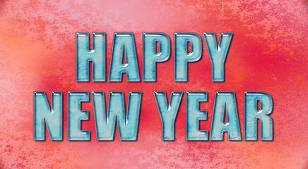 Happy New Year. Blue glass letter, red shiny background. Banner, sign, card, new year party.