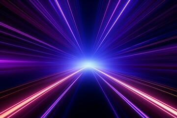 Abstract neon tunnel with ultraviolet rays and glowing lines, representing a cyber network, speed, space, time, and highway lights at night. Generative AI
