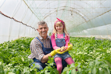 Father learning his little daughter to care about organic plants in eco greenhouse, sustainable lifestyle