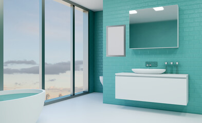 Clean and fresh bathroom with natural light. 3D rendering..Mockup.   Empty paintings