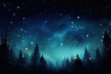 a sky full of stars over an empty forest with trees. nightlife