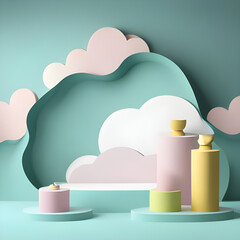 Pastel podium for placing the product decorated with clouds style paper art.