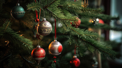 Close-up of a Christmas tree branch with glass ball ornaments. - obrazy, fototapety, plakaty