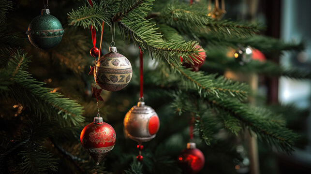 Close-up of a Christmas tree branch with glass ball ornaments.